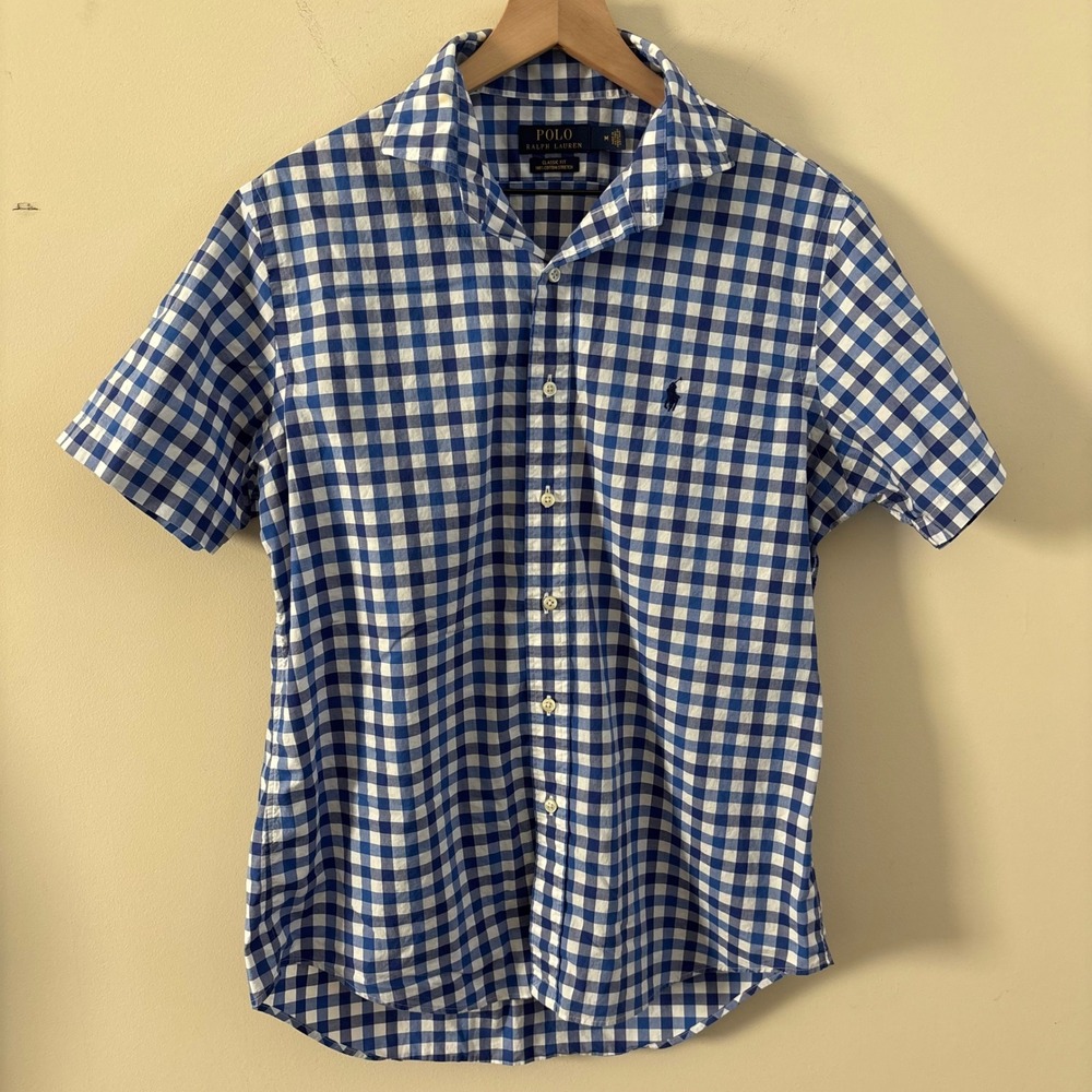 Polo Ralph Lauren Mens Blue White Gingham Short Sleeve Button Down Shirt Medium